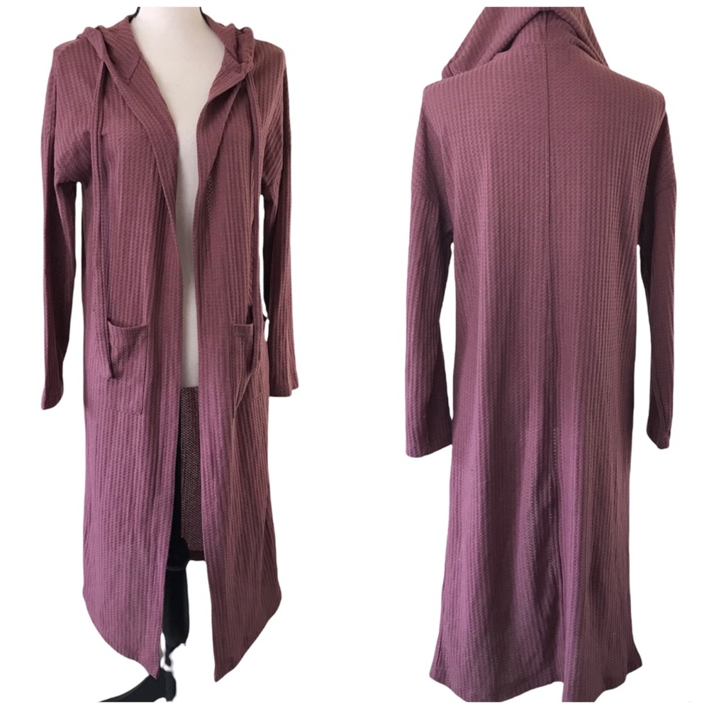 Love Riche Loveriche Mauve Pink Long Line Hooded Waffle Knit Duster Pockets S - Picture 2 of 9